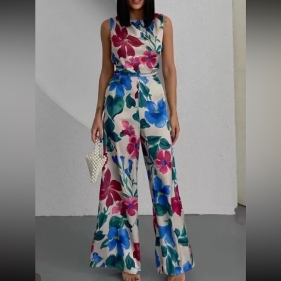 Zara Pants - Zara Floral Satin Wide Leg Sleeveless Jumpsuit